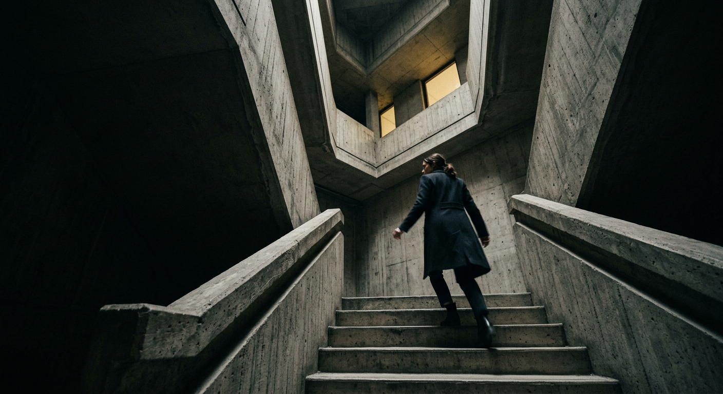 A woman in a navy coat climbing a bare concrete stairwell, caught mid-stride