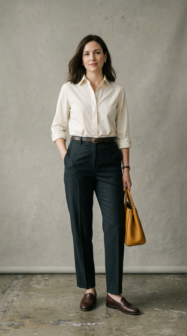 Sample office outfit photo for look one, built using the cream poplin shirt: shirt, trousers, loafers, tote