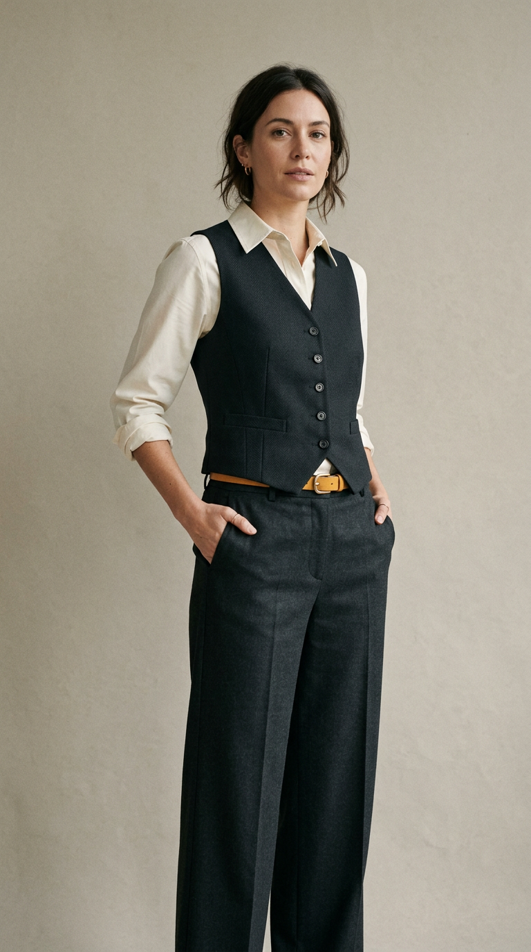 Sample office outfit photo for look two, built using the cream poplin shirt: shirt, waistcoat, trousers