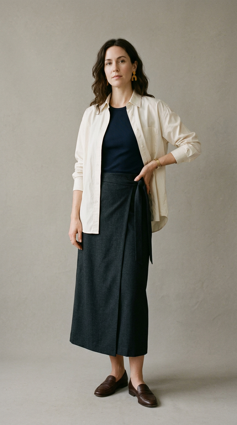 Sample office outfit photo for look three, built using the cream poplin shirt: shirt, top, wrap skirt