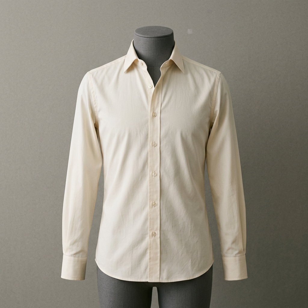 Sample product photo: a cream cotton poplin shirt on a mannequin bust, the single piece this page is built from